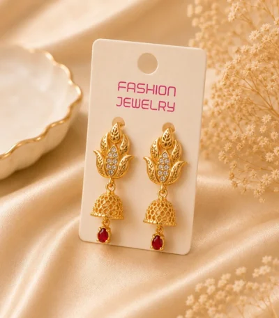 Front view of beautiful gold plated Kundan Drop Earrings by Lumira PK.