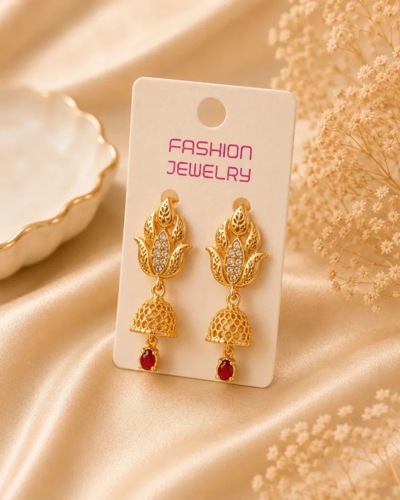 Front view of beautiful gold plated Kundan Drop Earrings by Lumira PK.