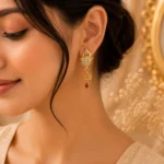 Detailed close-up of artificial Kundan Drop Earrings stones.