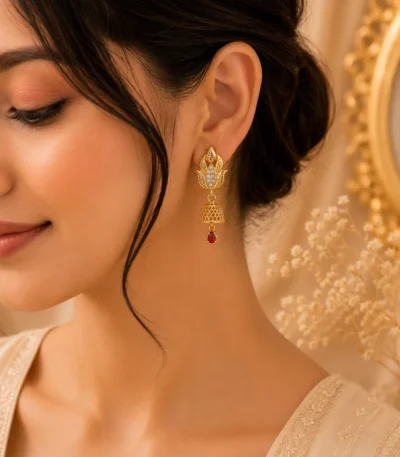 Detailed close-up of artificial Kundan Drop Earrings stones.