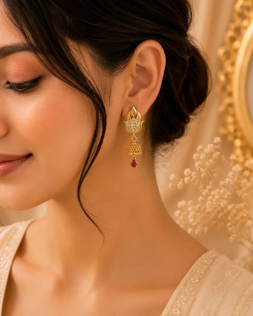 Detailed close-up of artificial Kundan Drop Earrings stones.
