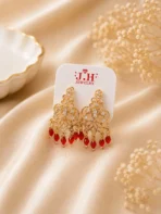 Front view of traditional heavy Bridal Kundan Earrings with pearl chains