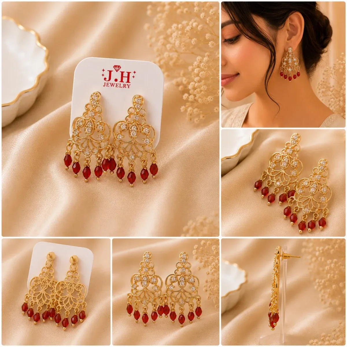Detailed close up of stones and gold plating on Bridal Kundan Earrings.