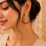 Full view of artificial Bridal Kundan Earrings with saharey for Pakistani weddings.