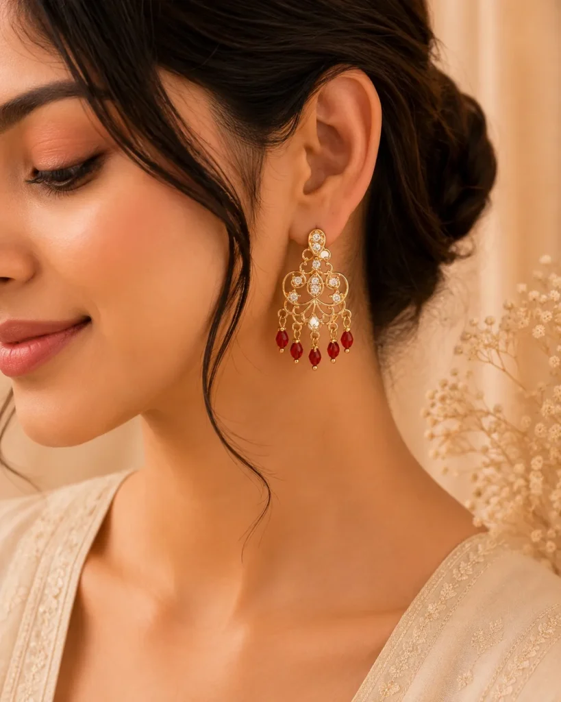 Full view of artificial Bridal Kundan Earrings with saharey for Pakistani weddings.