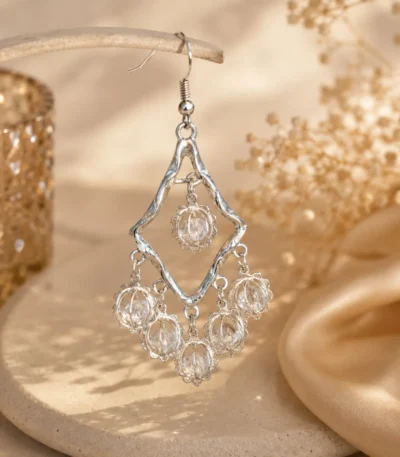 Silver Chandelier Earrings Pakistan crystal drop lightweight party wear design by Lumira PK