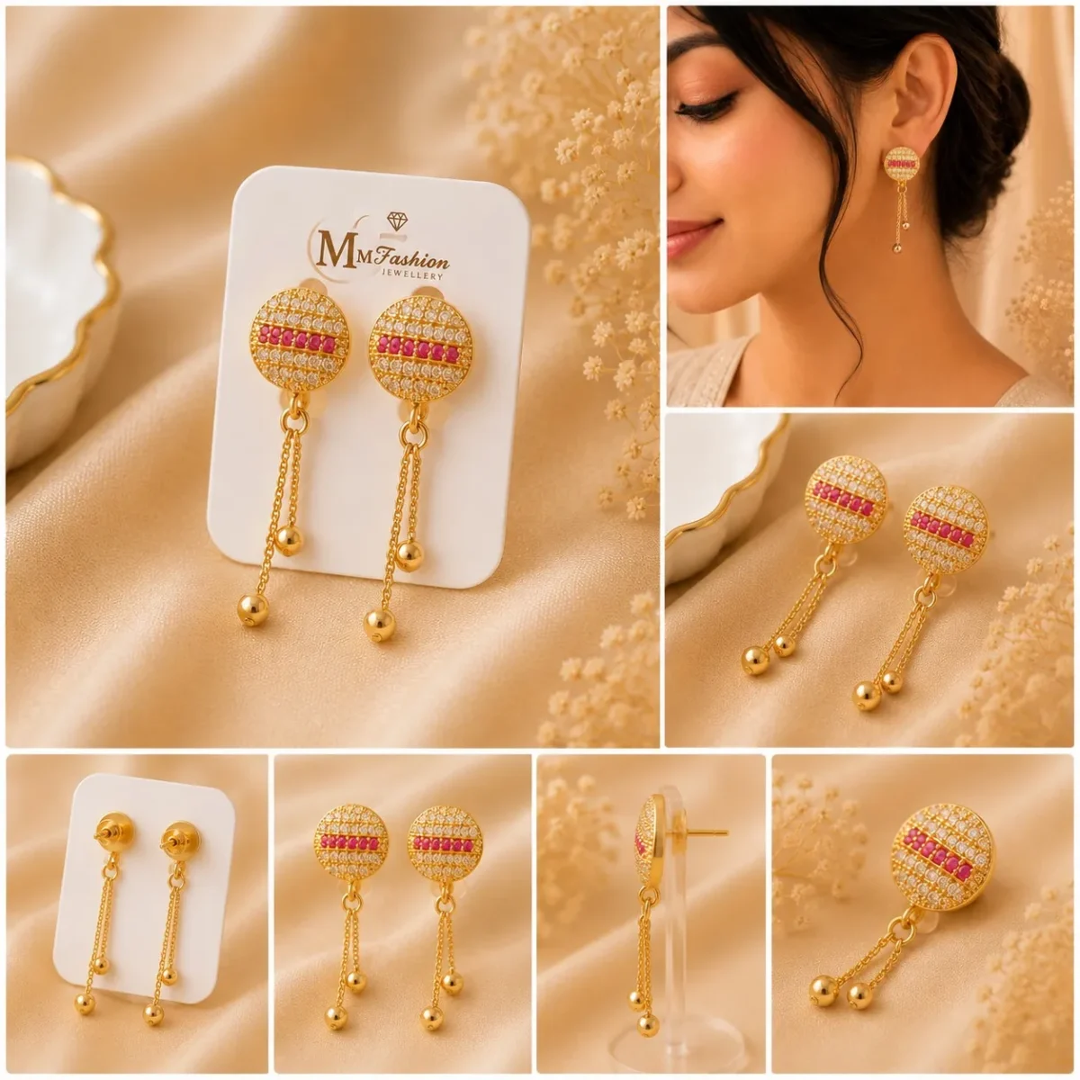 Amazing Gold Tassel Earrings Pakistan – Pink Stone Party Wear Drops | Lumira PK - Image 2