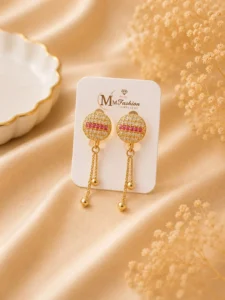 Gold Tassel Earrings Pakistan with pink stone detailing and lightweight chain drop party wear design by Lumira PK