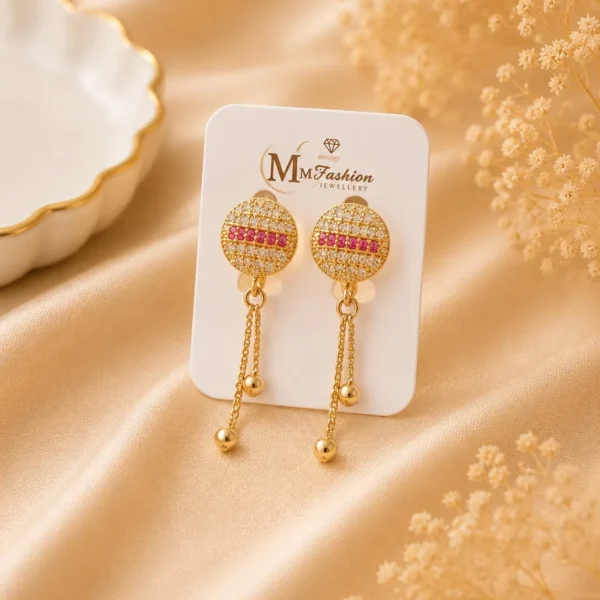 Gold Tassel Earrings Pakistan with pink stone detailing and lightweight chain drop party wear design by Lumira PK