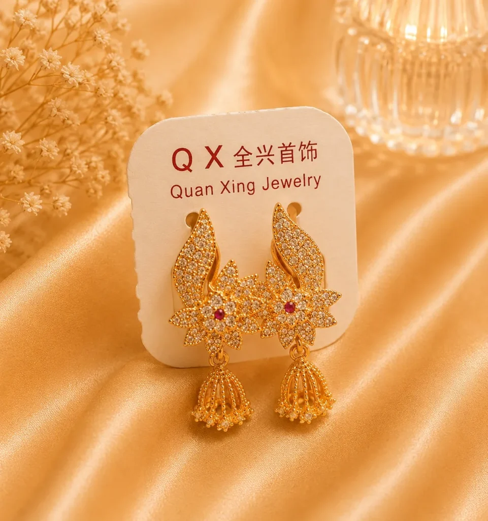 Gold Floral Jhumki Earrings Pakistan with crystal detailing, ruby accent, and mini jhumki drop design by Lumira PK