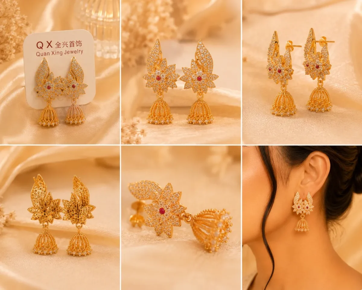 Luxury Gold Floral Jhumki Earrings Pakistan – Crystal Wedding Earrings | Lumira PK - Image 2