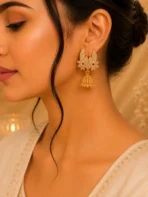 Luxury Gold Floral Jhumki Earrings Pakistan – Crystal Wedding Earrings | Lumira PK - Image 3
