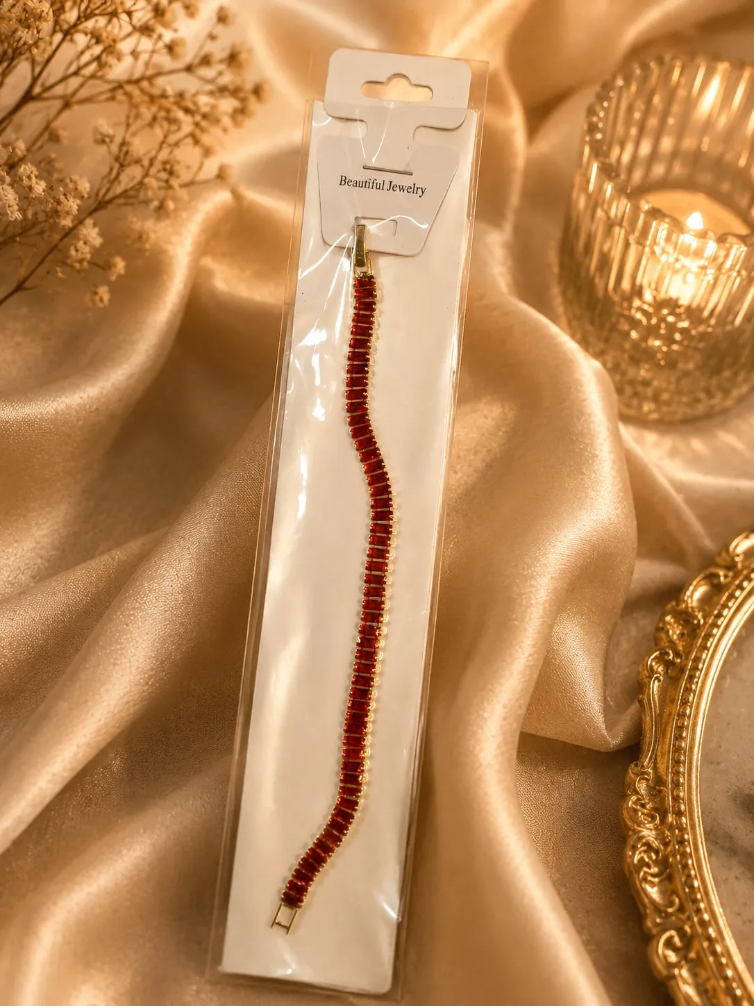 4 (1) Ruby Red Tennis Bracelet with gold-tone finish for festive party wear styling