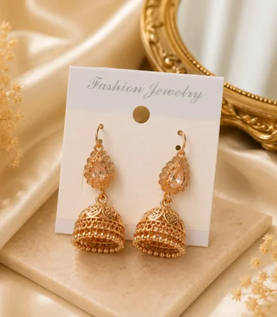 Gold jhumki earrings Pakistan with traditional mehndi style design