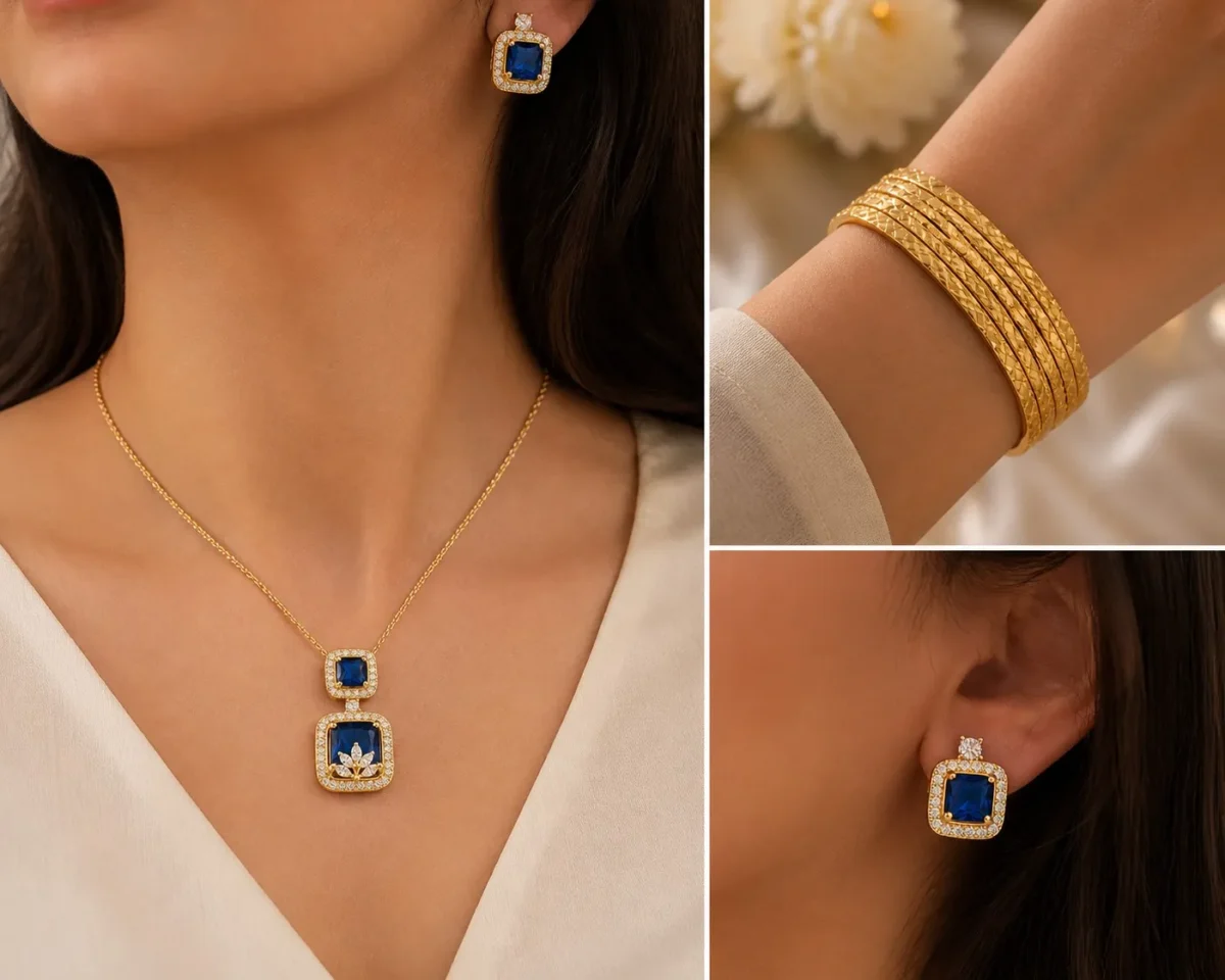 Blue Sapphire Zircon Jewellery Set – Gold Plated Necklace and Earring Set by Lumira PK Jewelry