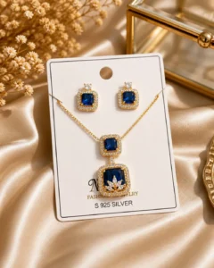 Blue Sapphire Zircon Jewellery Set – Gold Plated Necklace and Earring Set by Lumira PK Jewelry