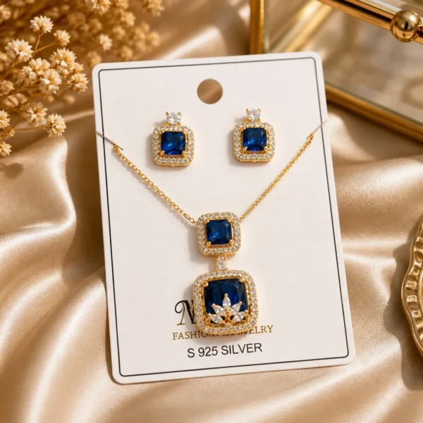 Blue Sapphire Zircon Jewellery Set – Gold Plated Necklace and Earring Set by Lumira PK Jewelry