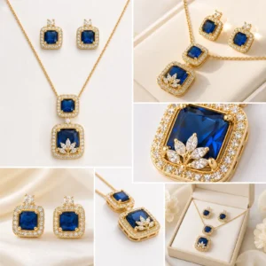 3-Piece Blue Sapphire Zircon Jewellery Set close-up – Micro Pave Halo Pendant and Stud Earrings Pakistan