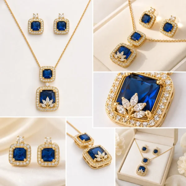 3-Piece Blue Sapphire Zircon Jewellery Set close-up – Micro Pave Halo Pendant and Stud Earrings Pakistan