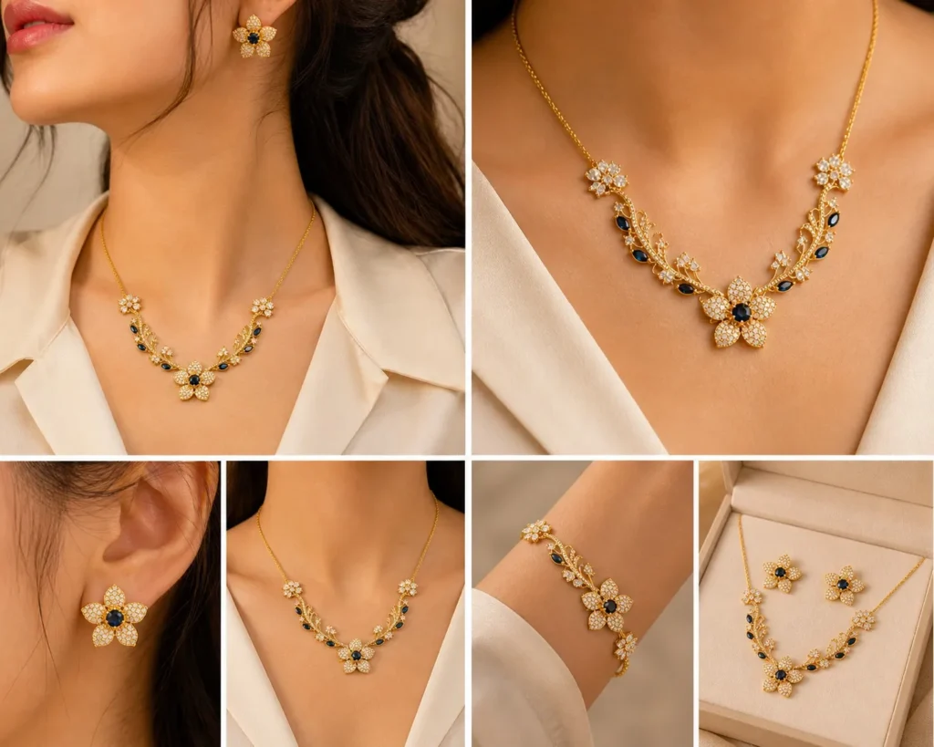 Blue Stone Floral Necklace Set for Women – Lumira PK Jewelry Pakistan