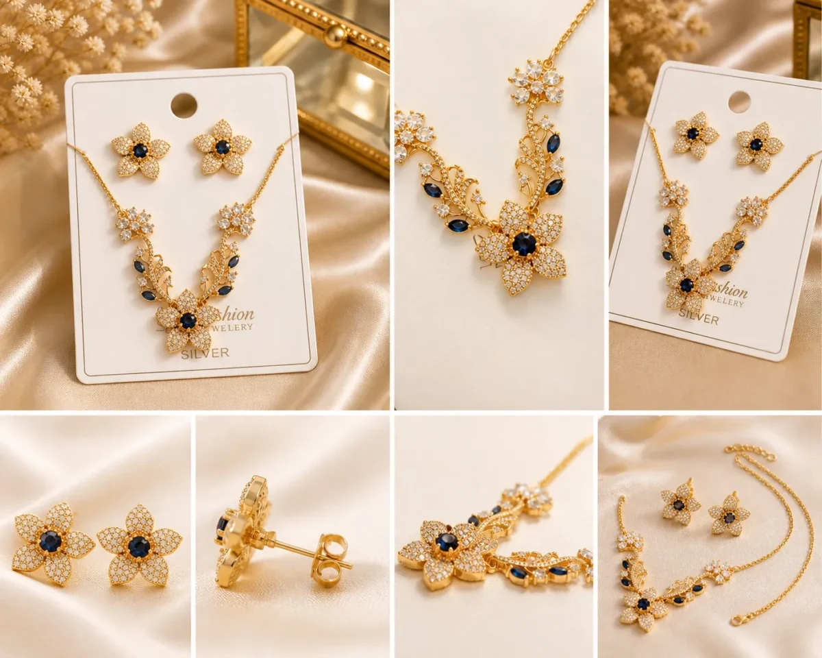 Blue Stone Floral Necklace Set for Women – Lumira PK Jewelry Pakistan