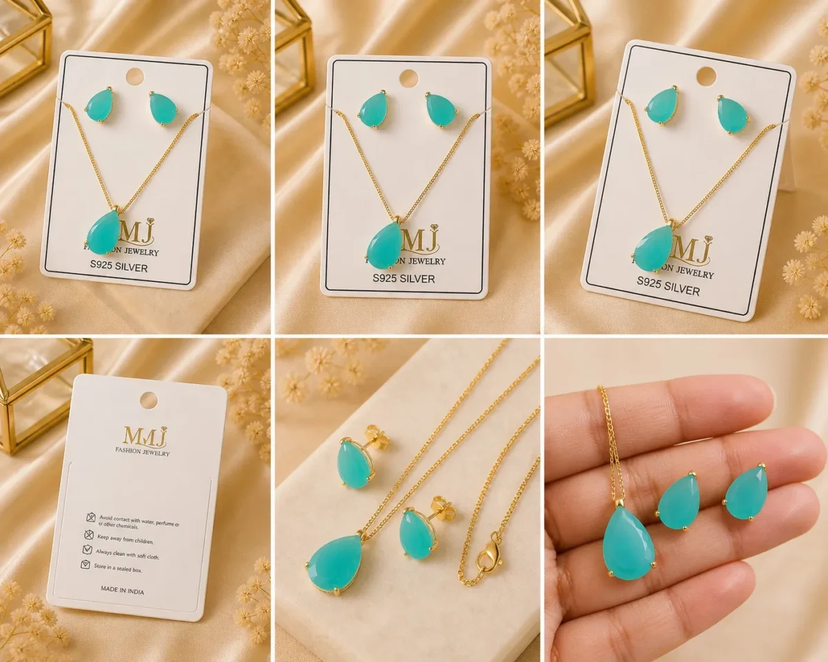 Aqua Blue Teardrop Jewelry Set 2PC Elegant Luxury Pendant Set for Women - Image 3