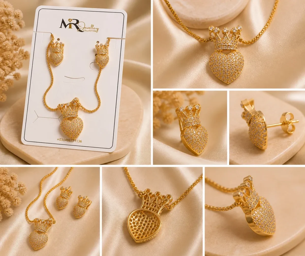 Crown Heart Jewelry Set 3 Piece Luxury Elegant Gold Design - Image 2