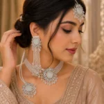 White Pearl Bridal Jewelry Set multi layer artificial wedding necklace earrings tikka bracelet Pakistan