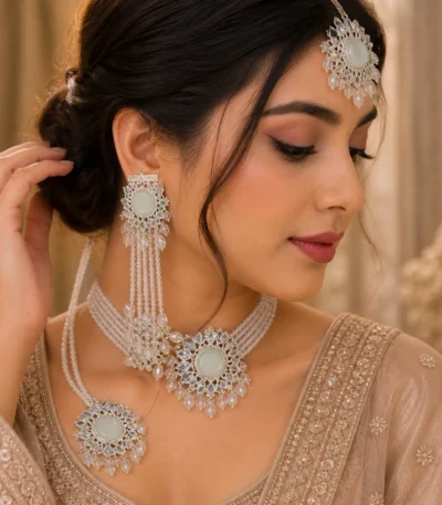 White Pearl Bridal Jewelry Set multi layer artificial wedding necklace earrings tikka bracelet Pakistan