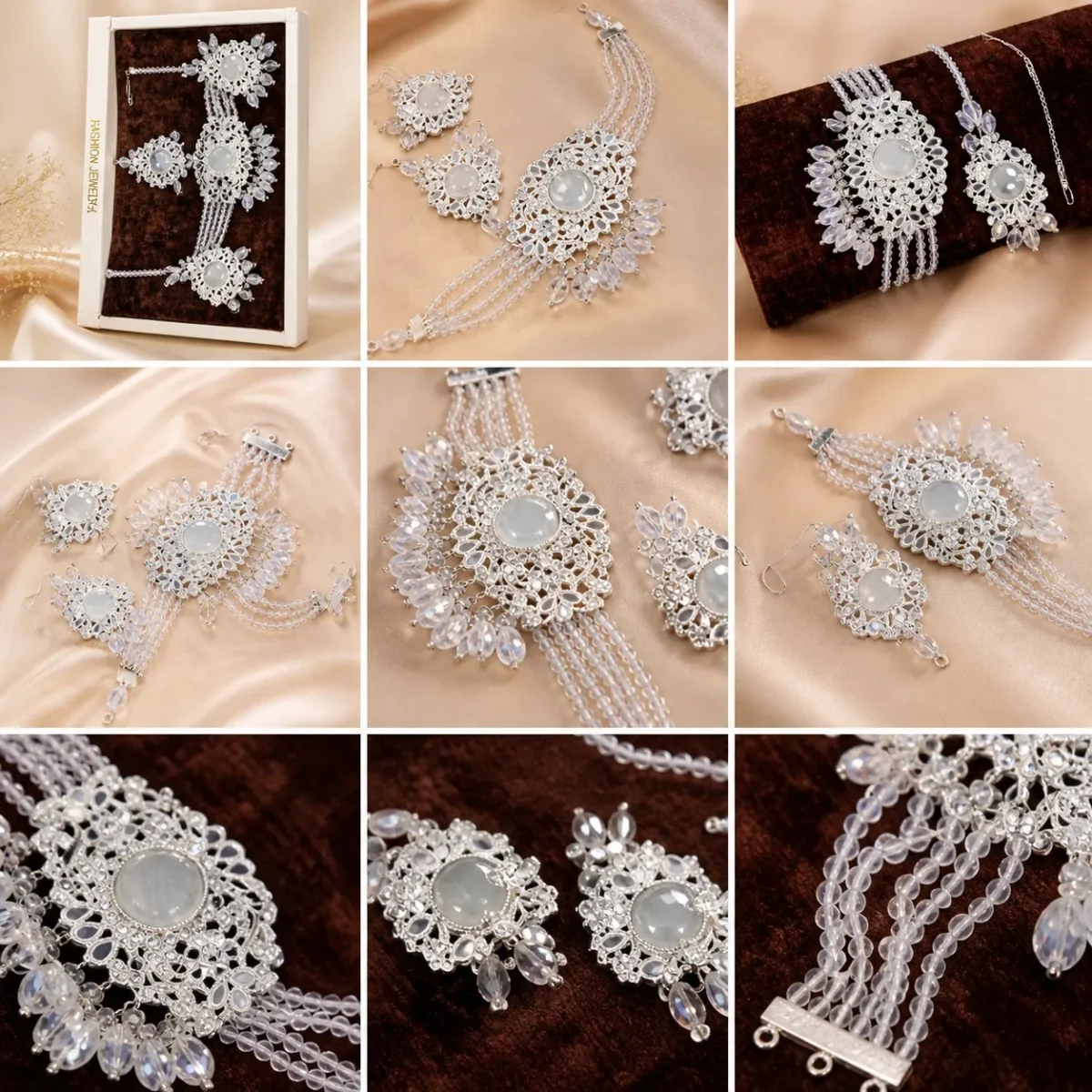 White Pearl Bridal Jewelry Set multi layer artificial wedding necklace earrings tikka bracelet Pakistan