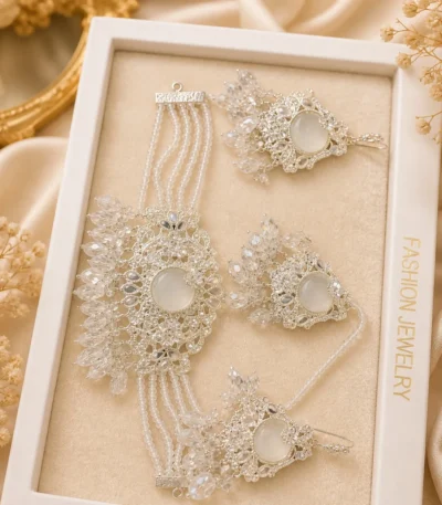 White Pearl Bridal Jewelry Set multi layer artificial wedding necklace earrings tikka bracelet Pakistan