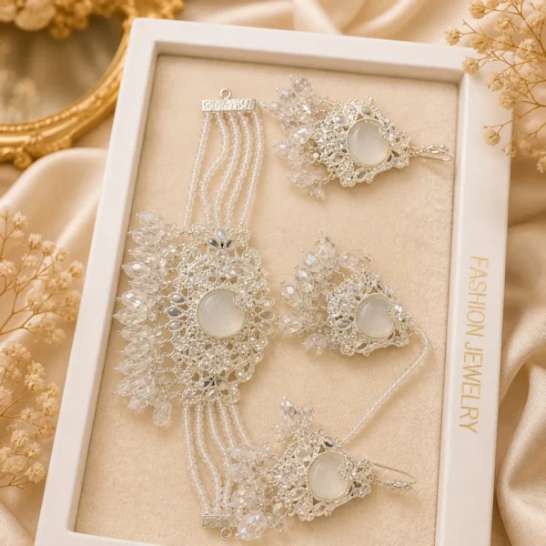 White Pearl Bridal Jewelry Set multi layer artificial wedding necklace earrings tikka bracelet Pakistan