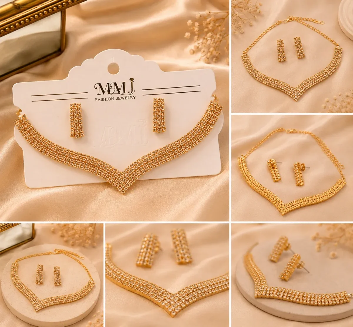 Close-up collage showing crystal necklace design, earrings, clasp, and side angles
