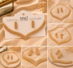 Close-up collage showing crystal necklace design, earrings, clasp, and side angles