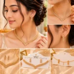 Woman wearing gold crystal V-shape necklace with matching rectangular earrings