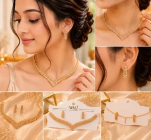 Woman wearing gold crystal V-shape necklace with matching rectangular earrings