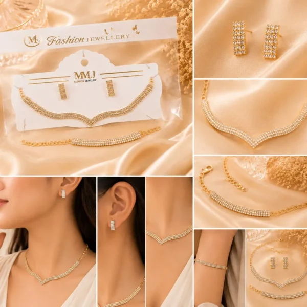 Gold-tone crystal necklace and matching stud earrings displayed on cream satin background