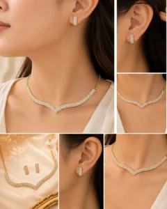 Woman wearing gold crystal V-shape necklace with matching rectangular stud earrings