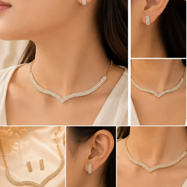 Woman wearing gold crystal V-shape necklace with matching rectangular stud earrings