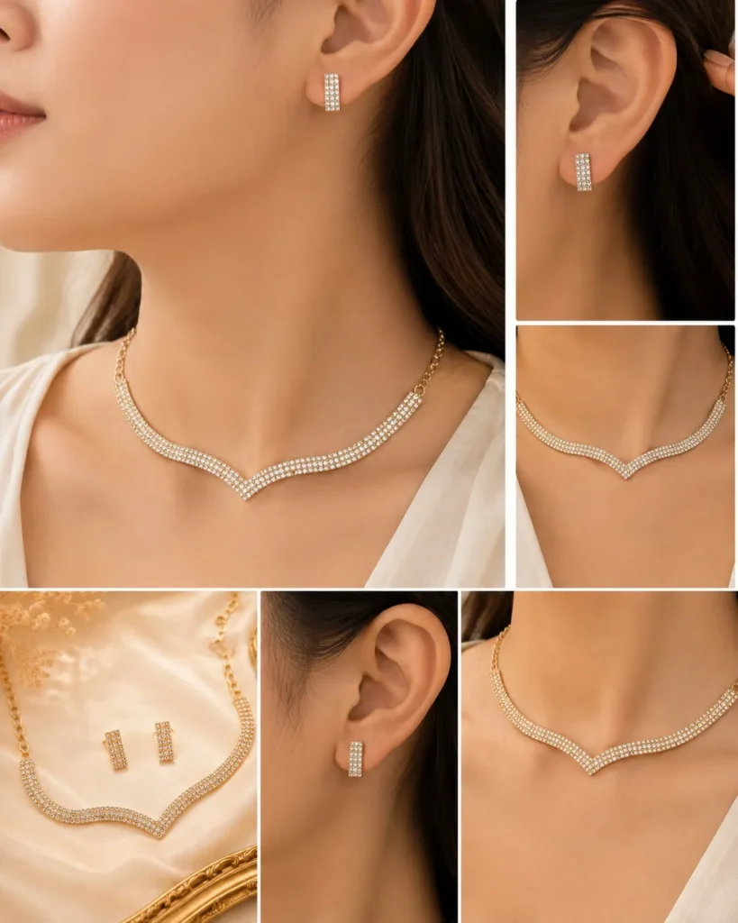 Woman wearing gold crystal V-shape necklace with matching rectangular stud earrings