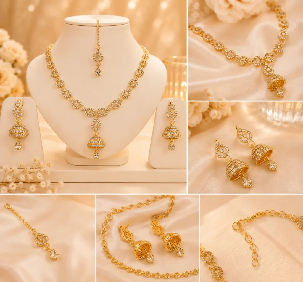 Close-up collage showing jhumka earrings, necklace pendant, clasp, and crystal detailing