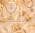 Close-up collage showing jhumka earrings, necklace pendant, clasp, and crystal detailing