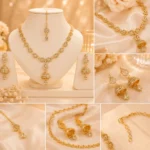 Close-up collage showing jhumka earrings, necklace pendant, clasp, and crystal detailing
