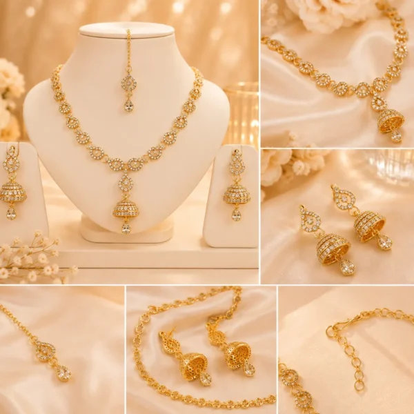Close-up collage showing jhumka earrings, necklace pendant, clasp, and crystal detailing