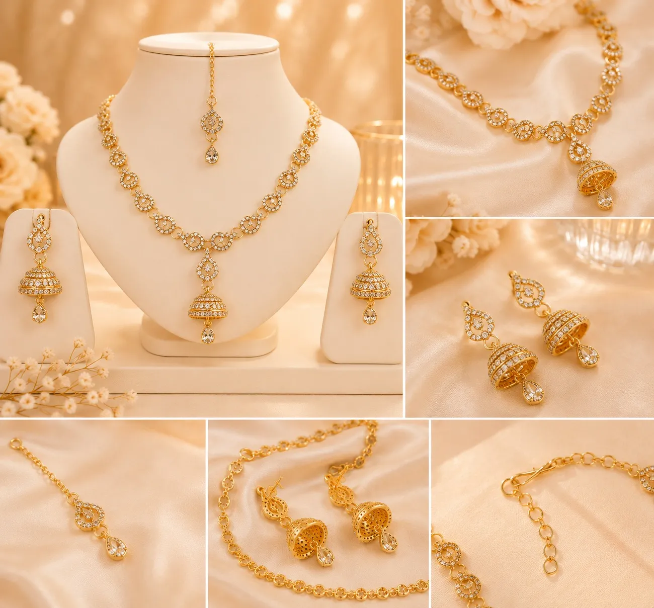 WhatsApp Image 2026-05-22 at 4.10.43 PM (5) Close-up collage showing jhumka earrings, necklace pendant, clasp, and crystal detailing