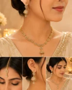 Woman wearing gold crystal necklace with jhumka earrings and matching maang tikka