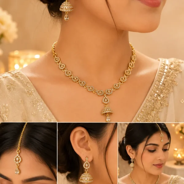 Woman wearing gold crystal necklace with jhumka earrings and matching maang tikka