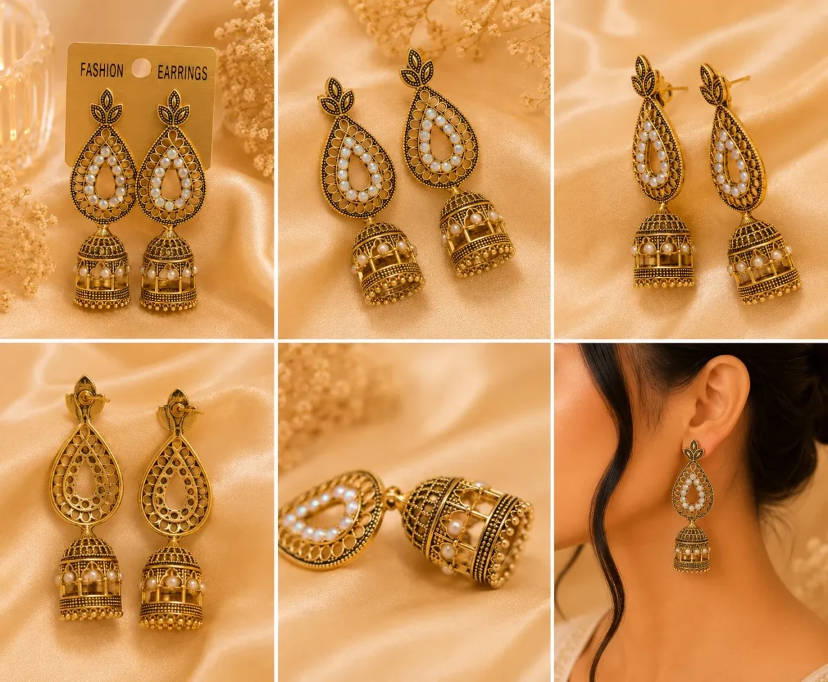 Close-up collage showing antique jhumka earrings from front, side, and back angles