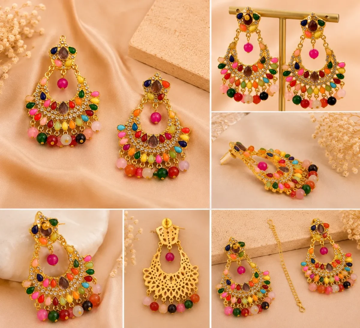 Close-up collage showing colorful stone chandbali earrings from front, side, and back angles