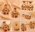 Close-up collage showing colorful stone chandbali earrings from front, side, and back angles